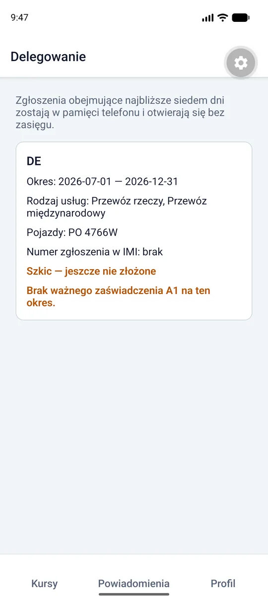 Deklaracje delegowania dostępne w telefonie kierowcy bez zasięgu