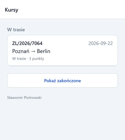 Lista kursów w aplikacji kierowcy: numer zlecenia, relacja, stan i liczba punktów