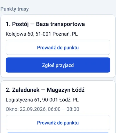 Punkty trasy w aplikacji kierowcy z oknem czasowym i przyciskiem zgłoszenia przyjazdu