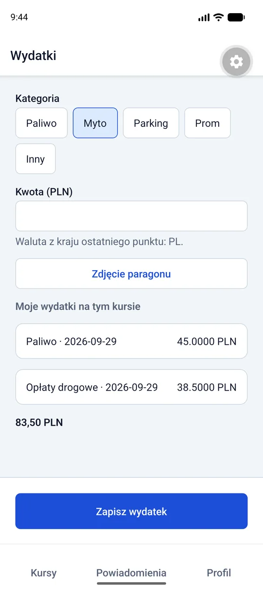 Wydatki kursu w aplikacji kierowcy: kategoria, kwota, zdjęcie paragonu i suma