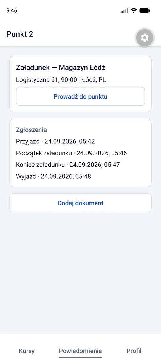 Dziennik zgłoszeń punktu: przyjazd, początek i koniec załadunku, wyjazd, każde ze znacznikiem czasu
