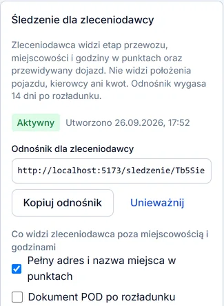Sekcja śledzenia na karcie zlecenia: odnośnik, przełączniki widoczności adresu i POD, wysyłka mailem i historia otwarć