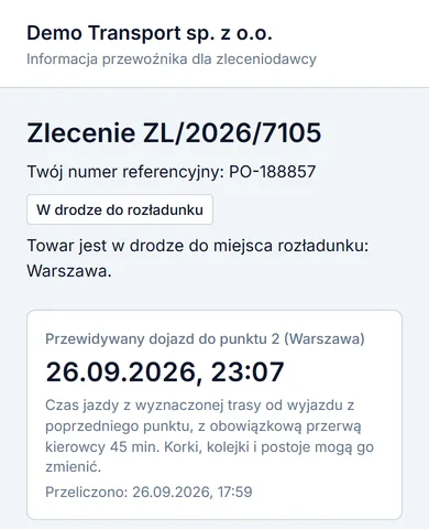 Strona śledzenia zlecenia na telefonie zleceniodawcy: etap przewozu i przewidywany dojazd z obowiązkową przerwą kierowcy