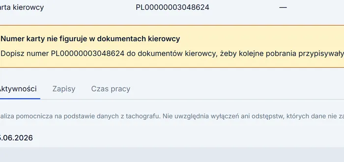 Oś czasu z karty kierowcy: jazda, przerwa, praca i odpoczynek w kolejnych dobach