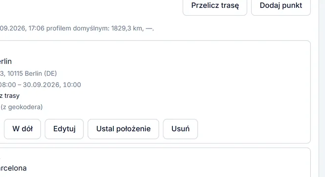 Trasa zlecenia: punkt załadunku i rozładunku z adresem, oknem czasowym i współrzędnymi z geokodera