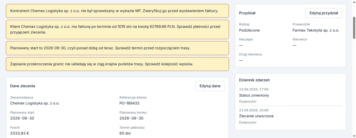 Karta zlecenia: cztery ostrzeżenia przy zapisie i dziennik zdarzeń z przejściami statusu